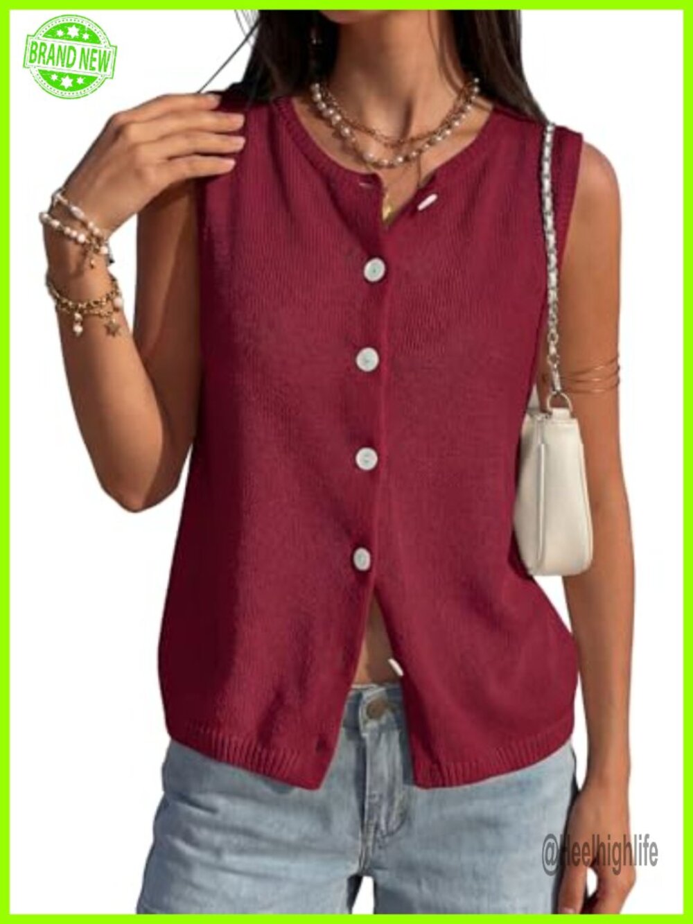 Sleeveless Button Down Sweater Vest Crew Neck Lightweight Viscose Top